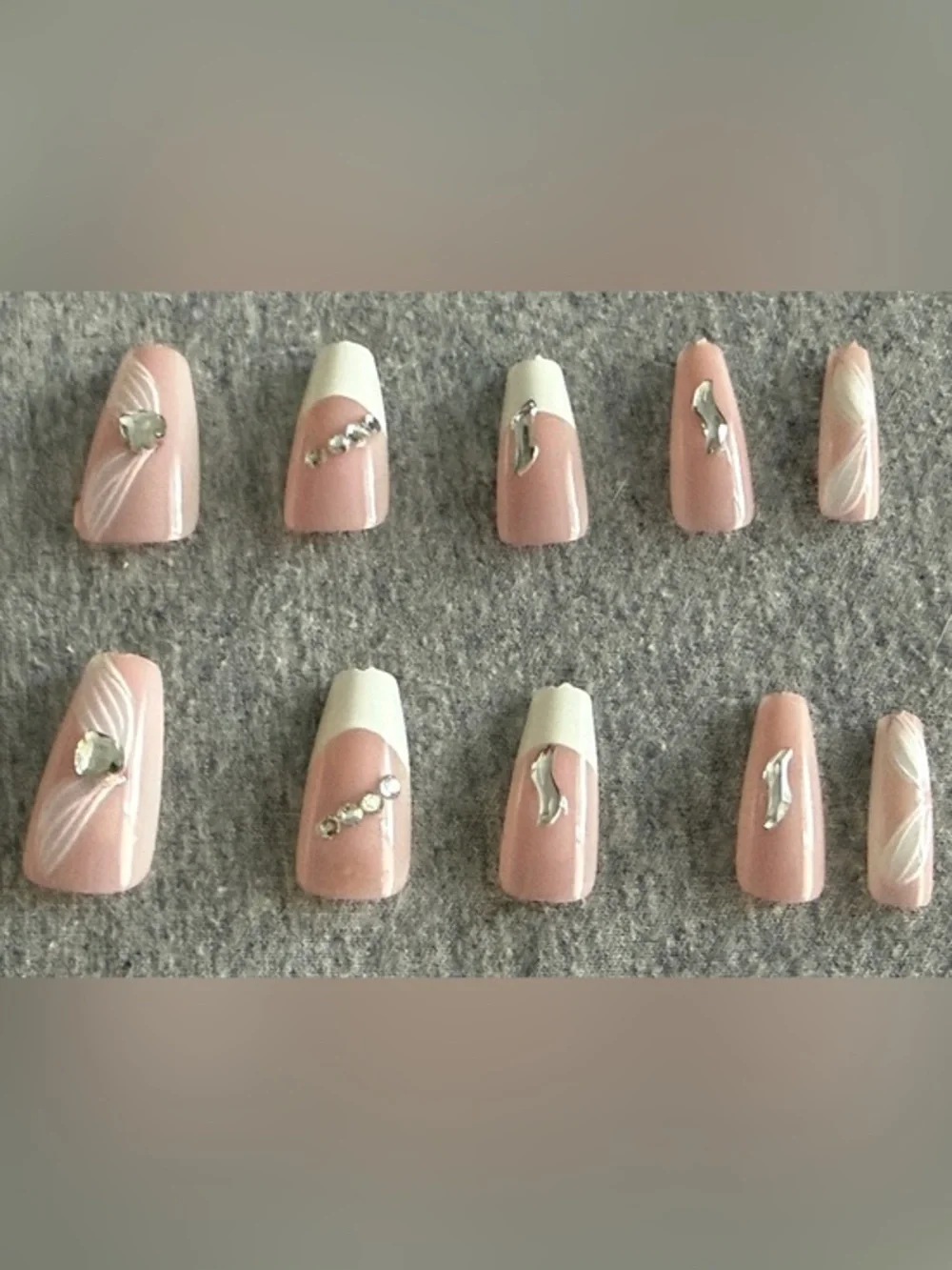 Elegant Pink & White Rhinestone Press-On Nail Set